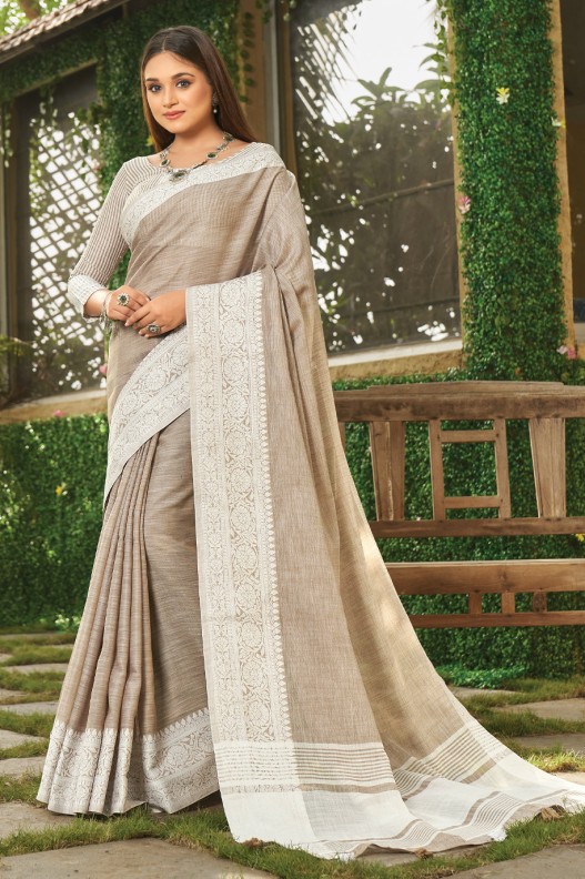 Classic Beige Pure Linen Weaving Border Saree 