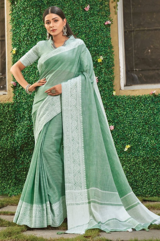Classic Light Green Pure Linen Weaving Border Saree 