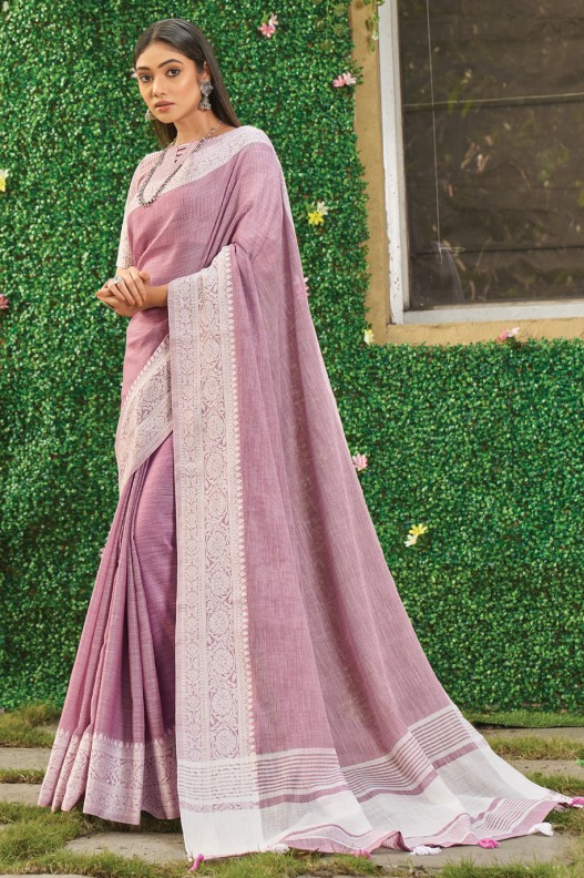 Classic Light Purple Pure Linen Weaving Border Saree 