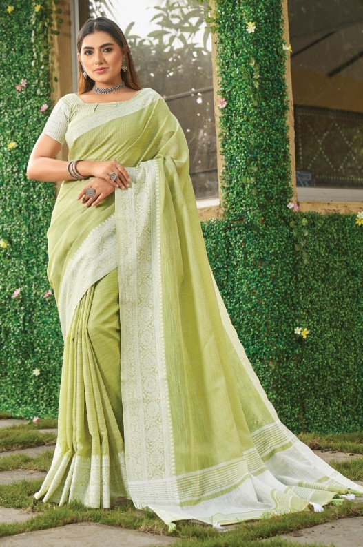 Classic Light Green Pure Linen Weaving Border Saree 