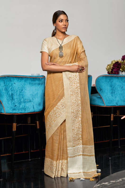 Classic Light Brown Pure Linen Weaving Border Saree 