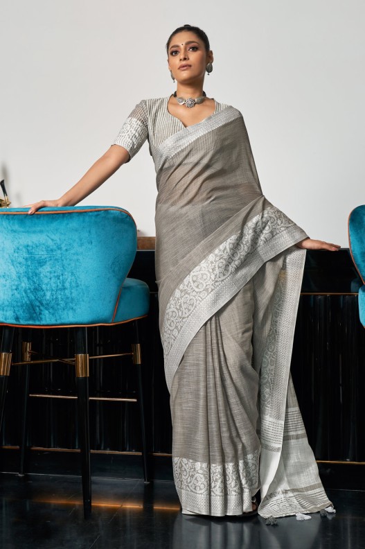 Classic Grey Pure Linen Weaving Border Saree 