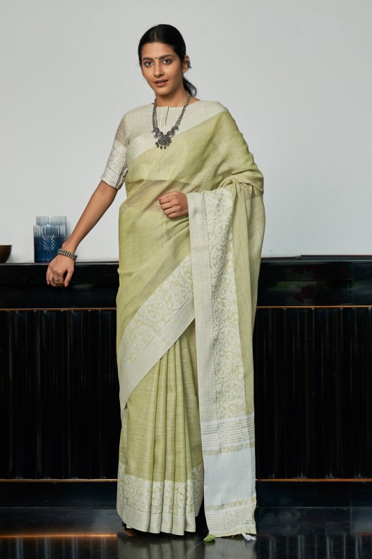 Classic Light Green Pure Linen Weaving Border Saree 