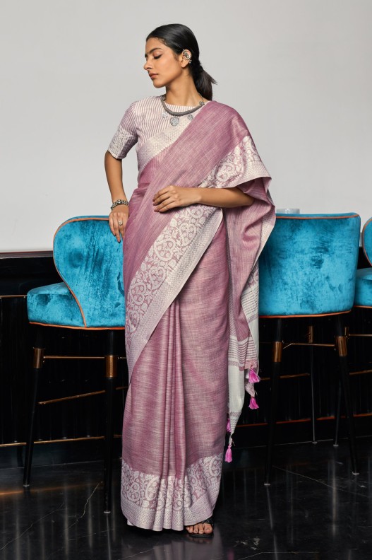Classic Purple Pure Linen Weaving Border Saree 