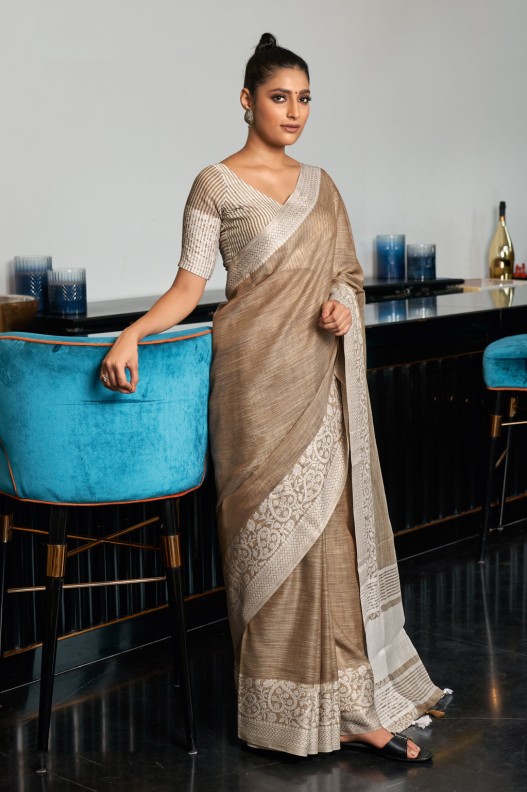 Classic Beige Pure Linen Weaving Border Saree 