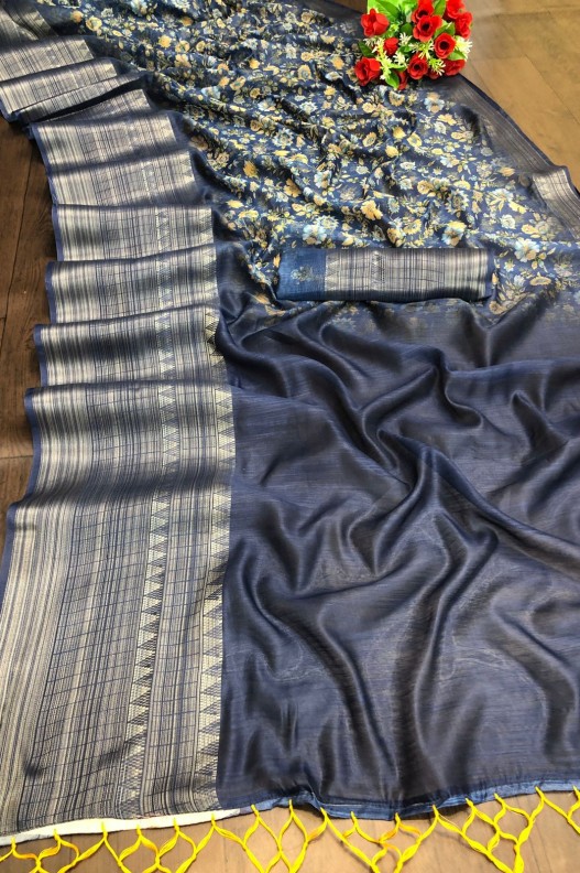 Premium Handloom Linen Floral Digital Printed Saree With Fancy Tessels