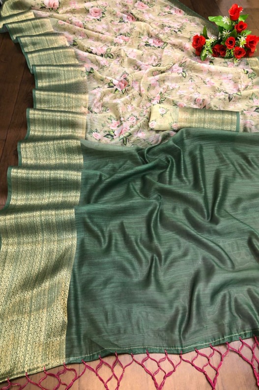 Premium Handloom Linen Floral Digital Printed Saree With Fancy Tessels