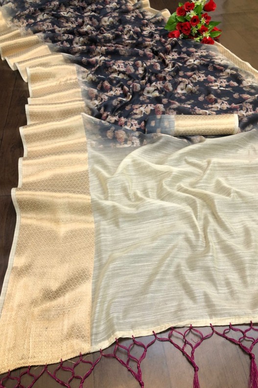 Premium Handloom Linen Floral Digital Printed Saree With Fancy Tessels