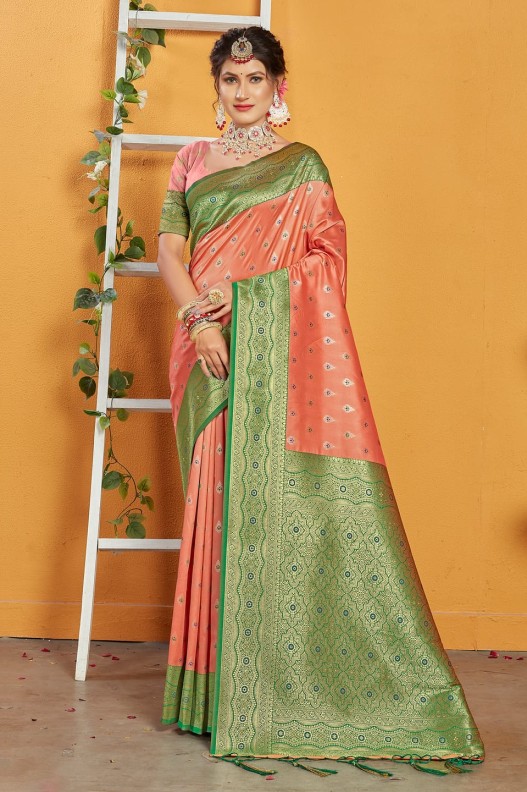 Premium Banarasi Woven orange & green Rich Pallu Saree with Tessels