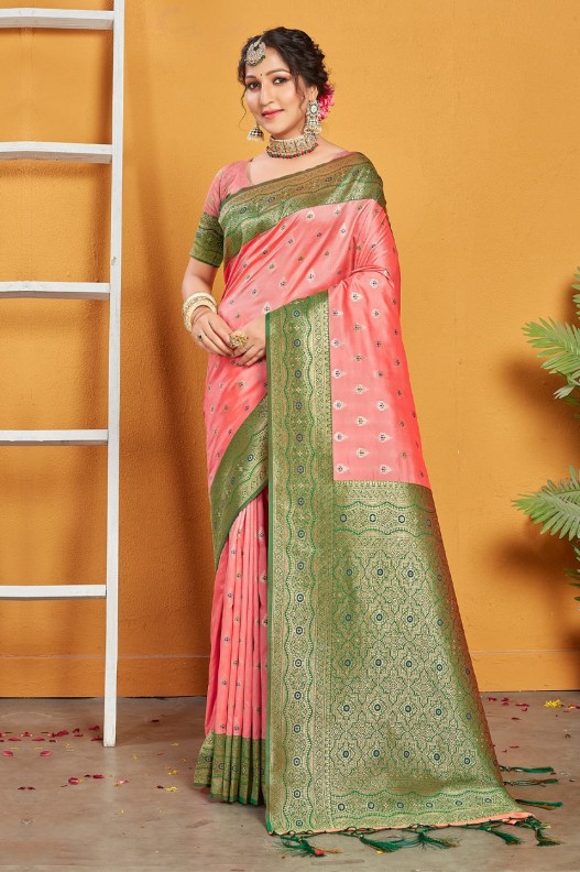 Premium Banarasi Woven Peach & Green Rich Pallu Saree with Tessels