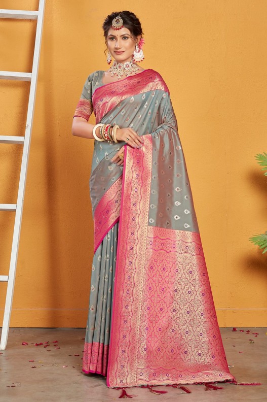 Premium Banarasi Woven Grey & Pink Rich Pallu Saree with Tessels
