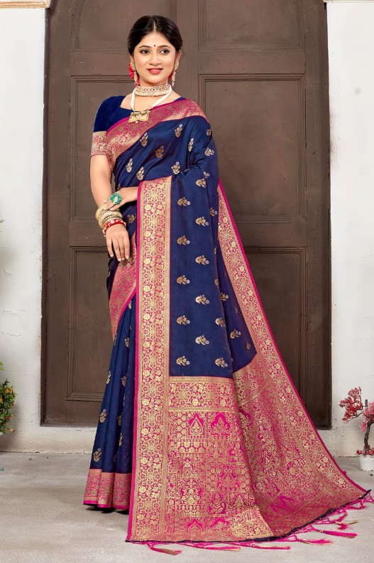 Exclusive Navy Blue & Pink Banarasi Silk Rich Pallu Saree With Fancy Tessels.