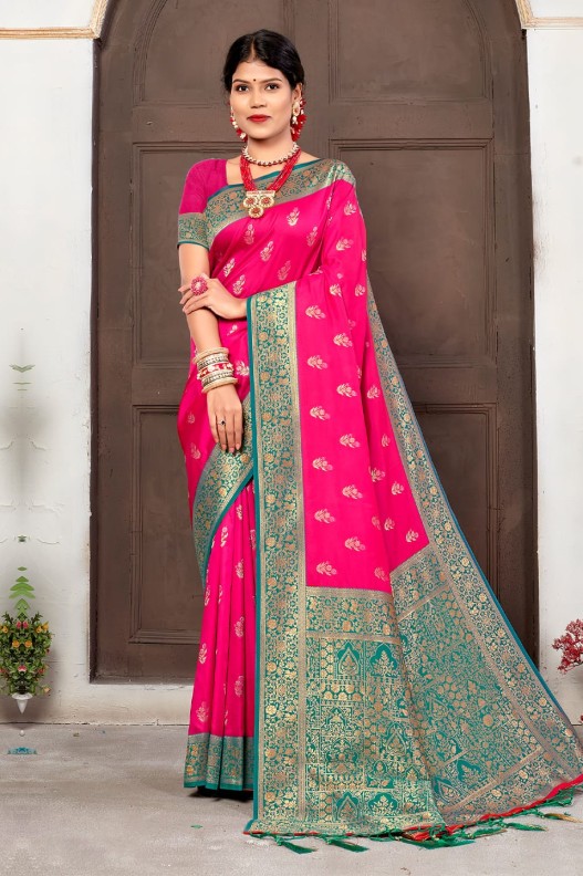Exclusive Pink & Rama Banarasi Silk Rich Pallu Saree With Fancy Tessels.