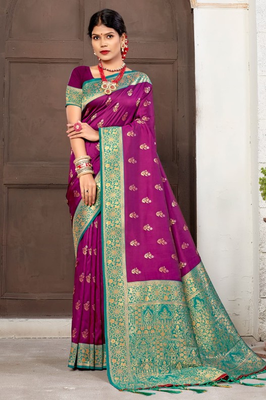 Exclusive Purple & Green Banarasi Silk Rich Pallu Saree With Fancy Tessels.