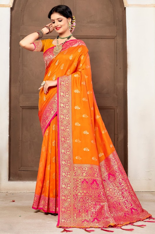 Exclusive Navy Mustard & Pink  Banarasi Silk Rich Pallu Saree With Fancy Tessels.