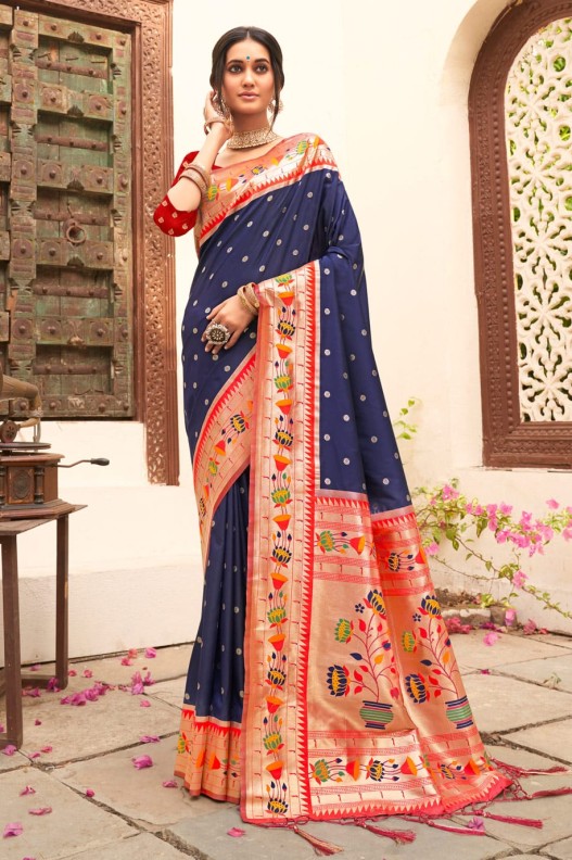 Best Dark Blue & Red Paithani Pure Silk With Weaving Zari Work Saree & Tessels on Pallu