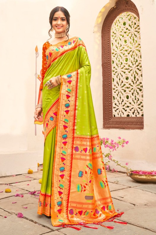 Best Parrot Green & Orange Paithani Pure Silk With Weaving Zari Work Saree & Tessels on Pallu