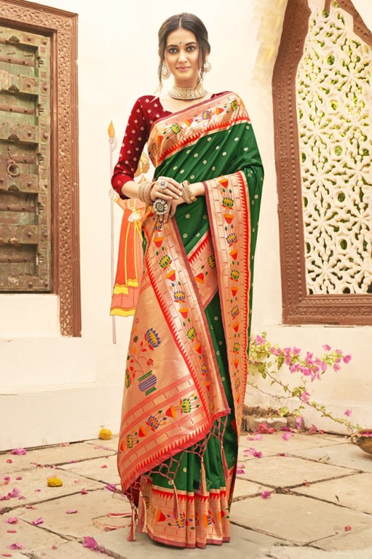 Best Dark Green & Maroon Paithani Pure Silk With Weaving Zari Work Saree & Tessels on Pallu