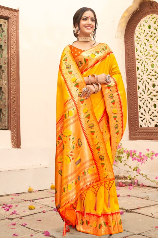 Best Yellow & Orange Paithani Pure Silk With Weaving Zari Work Saree & Tessels on Pallu