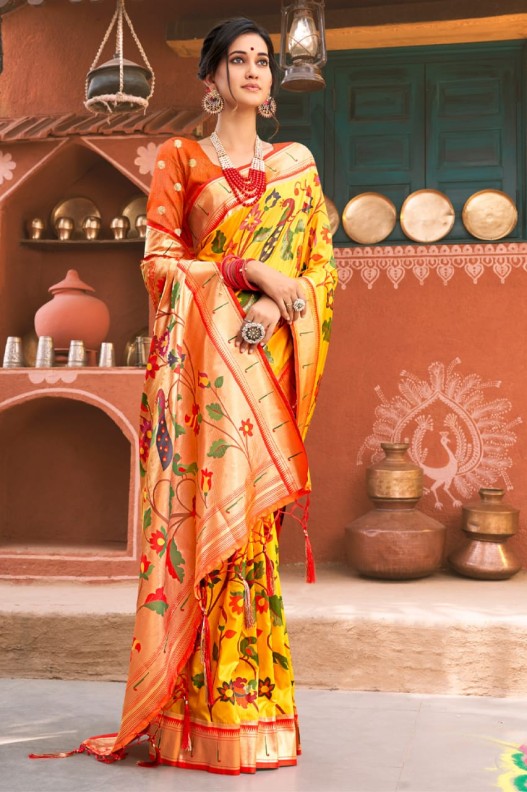 Designer Yellow Pure Floral Weaving Paithani Silk Saree with Rich Pallu & Tessels