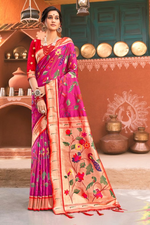 Designer Pink Pure Floral Weaving Paithani Silk Saree with Rich Pallu & Tessels