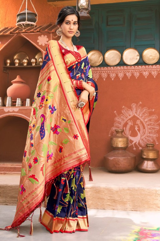 Designer Navy Blue Pure Floral Weaving Paithani Silk Saree with Rich Pallu & Tessels
