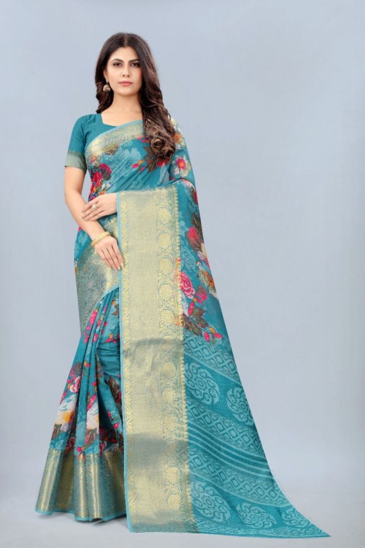  Chanderi  silk saree with digital HD print & Gold Zari kanchi Border