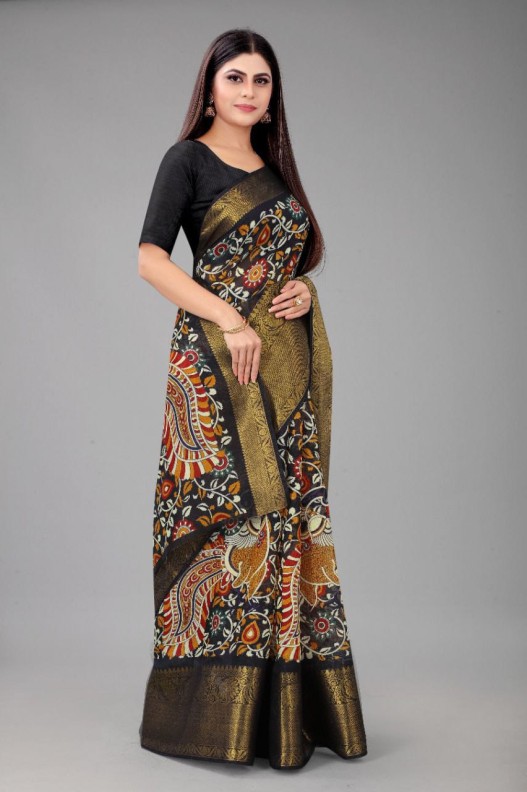  Chanderi  silk saree with digital HD print & Gold Zari kanchi Border