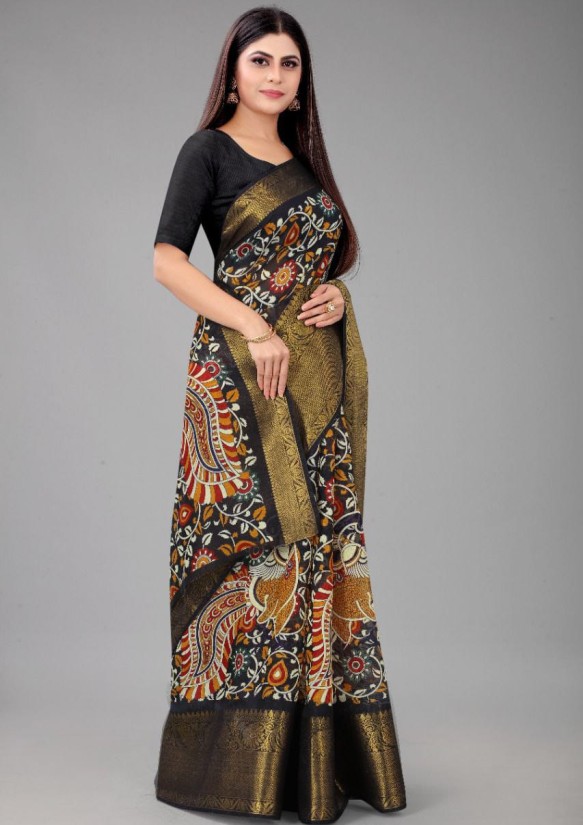  Chanderi  silk saree with digital HD print & Gold Zari kanchi Border