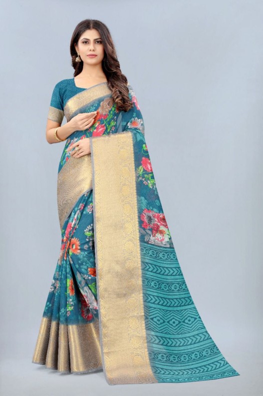  Chanderi  silk saree with digital HD print & Gold Zari kanchi Border