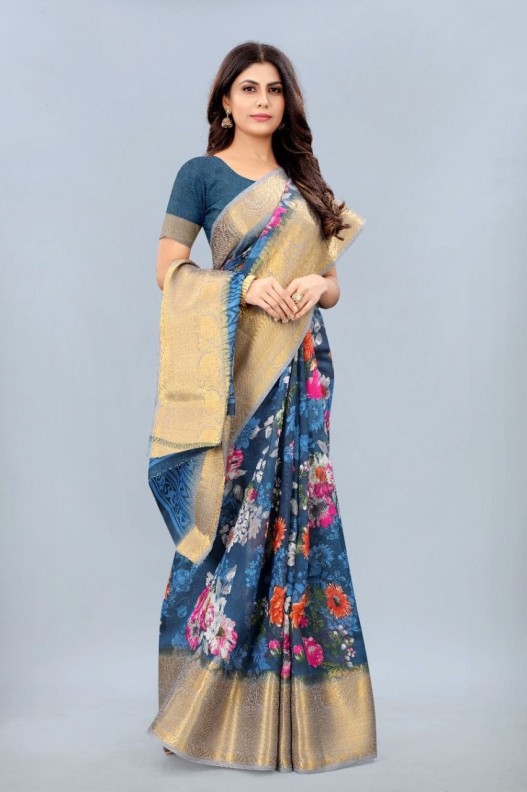  Chanderi  silk saree with digital HD print & Gold Zari kanchi Border