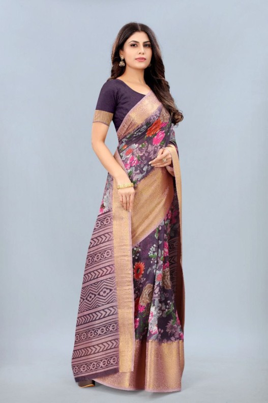  Chanderi  silk saree with digital HD print & Gold Zari kanchi Border