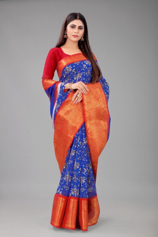  Chanderi  silk saree with digital HD print & Gold Zari kanchi Border