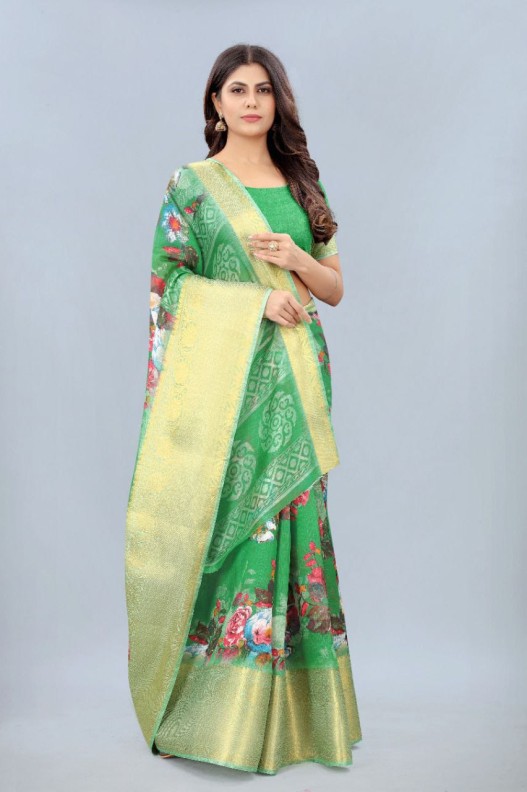  Chanderi  silk saree with digital HD print & Gold Zari kanchi Border