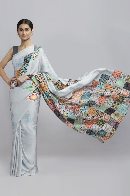 Magic crepe chinon satin Digital Printed Saree