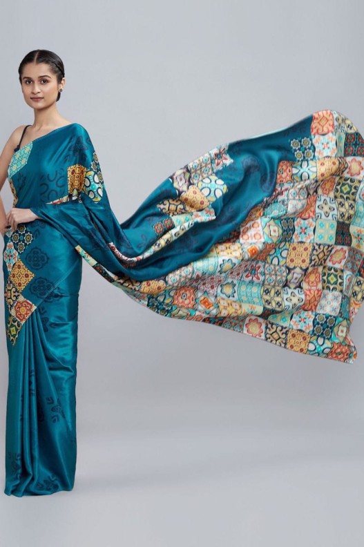 Magic crepe chinon satin Digital Printed Saree