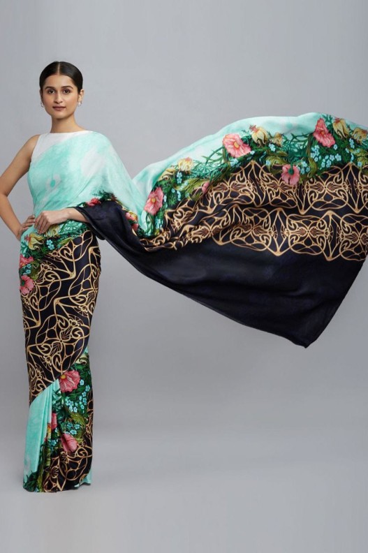 Magic crepe chinon satin Digital Printed Saree