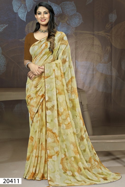 Beautiful Mehendi colour Geometrical Printed Saree with Blouse