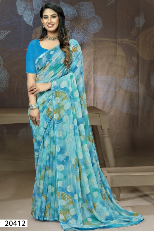 Classic Blue Coloured Pure Georgette Printed Saree with blouse