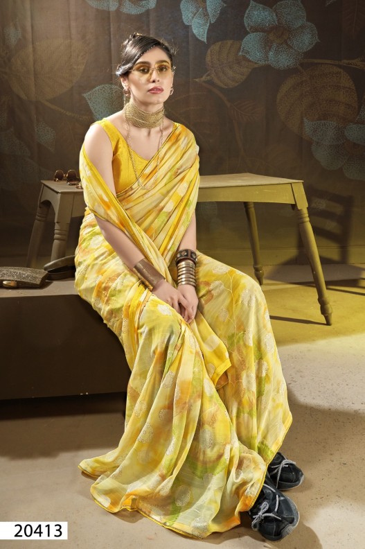 Elegant Lemon Colour Georgette Printed saree with blouse