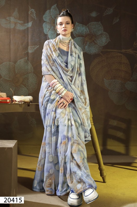 Grey Colour Geometric Synthethic saree with blouse