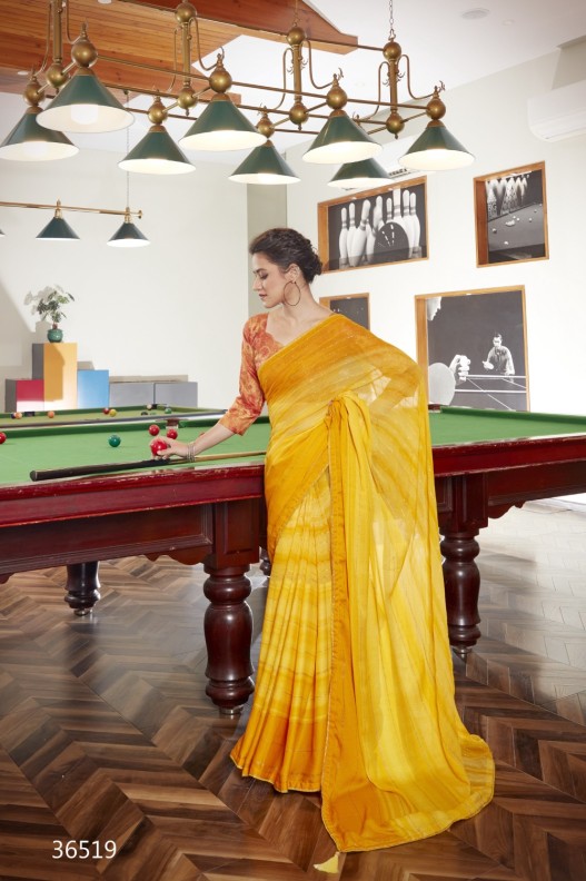 Lovely Yellow Prited Krochet Georgette work saree with blouse