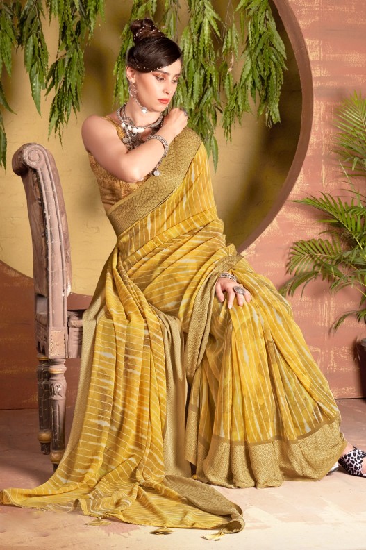 Stylish Georgette Mustard Printed Festive Wear Saree with Viscose Border