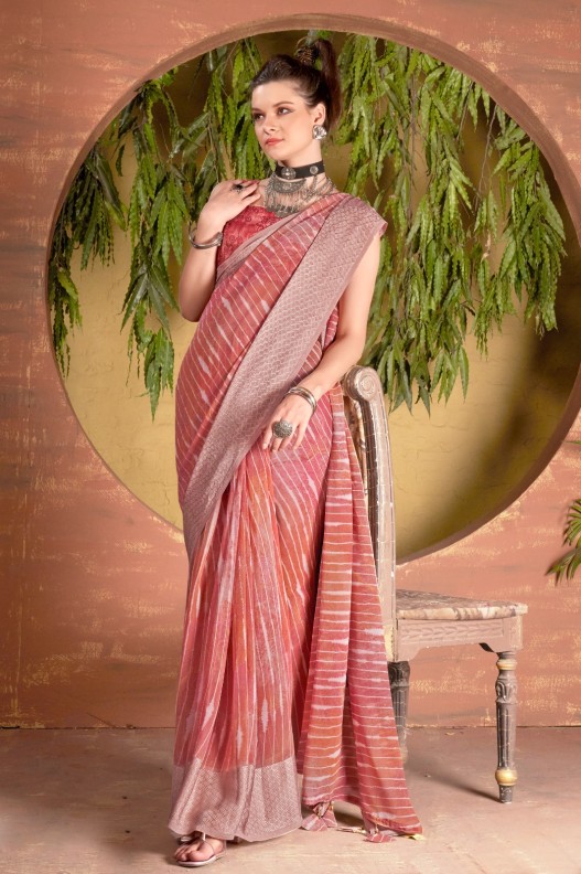 Stylish Georgette Saffron Printed Festive Wear Saree with Viscose Border