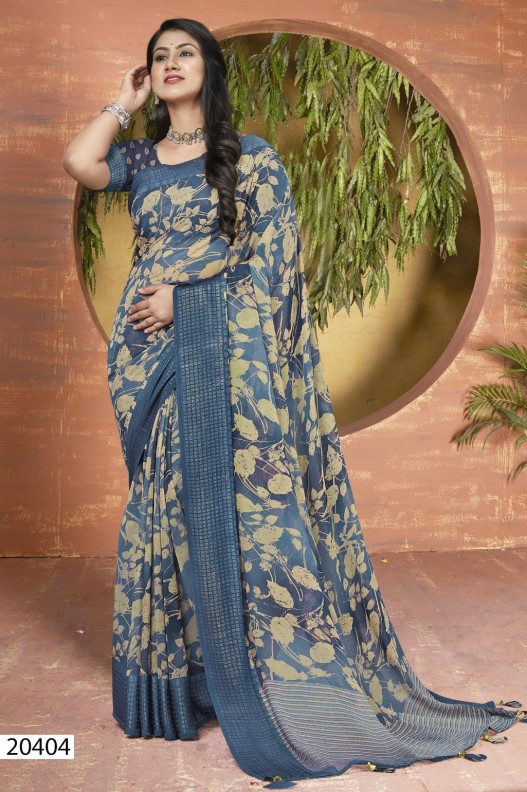 Fancy Shimmer Georgette Floral Printed Saree With Viscose Border