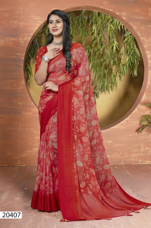 Fancy Shimmer Georgette Floral Printed Saree With Viscose Border