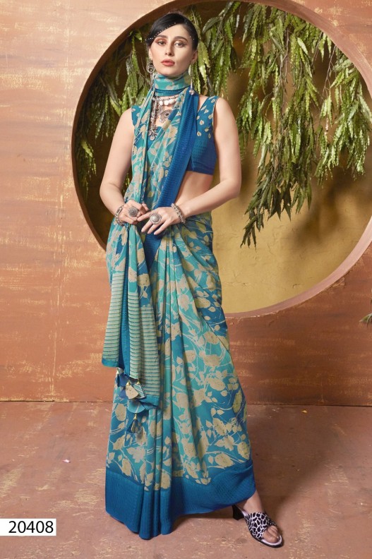 Fancy Shimmer Georgette Floral Printed Saree With Viscose Border