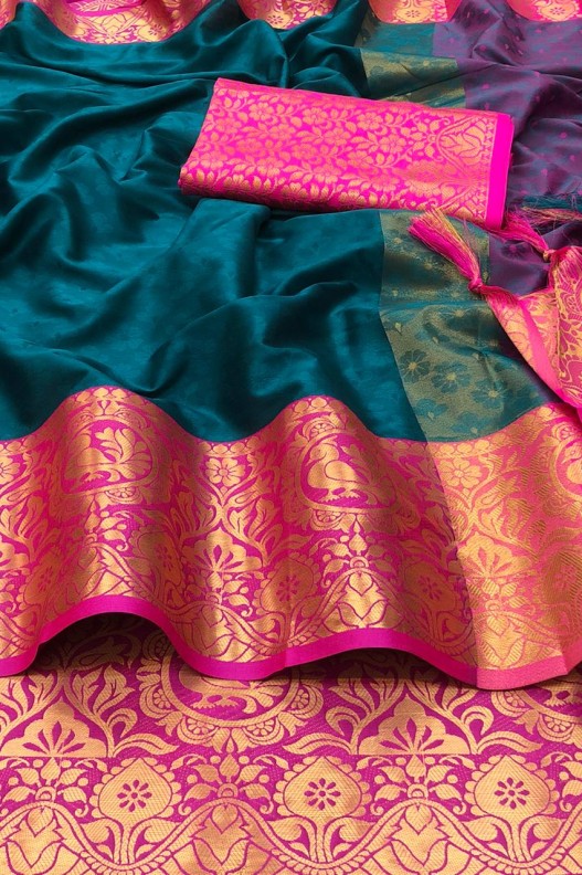 Rama & Pink Soft Silk Saree With Designer Blouse