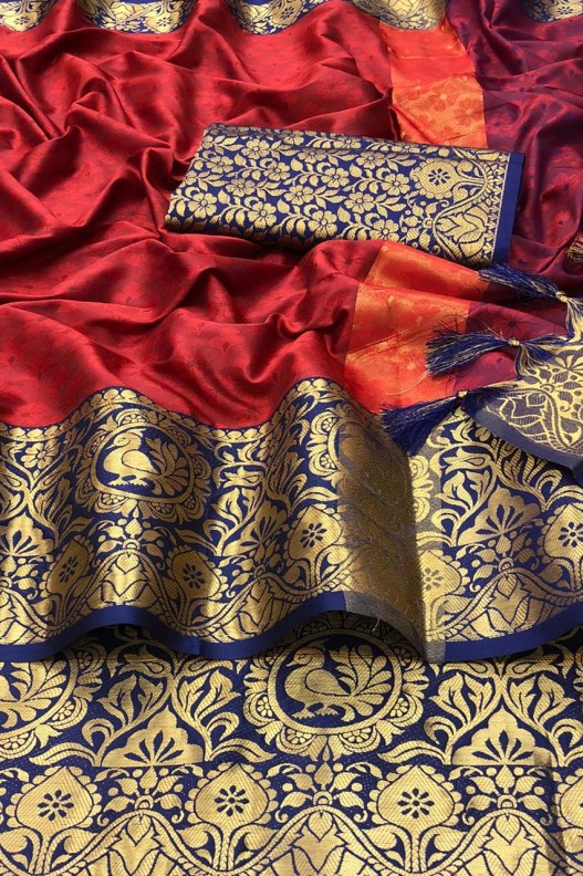 Red & Blue Soft Silk Saree With Designer Blouse