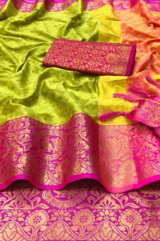 Light Green & Pink Soft Silk Saree With Designer Blouse
